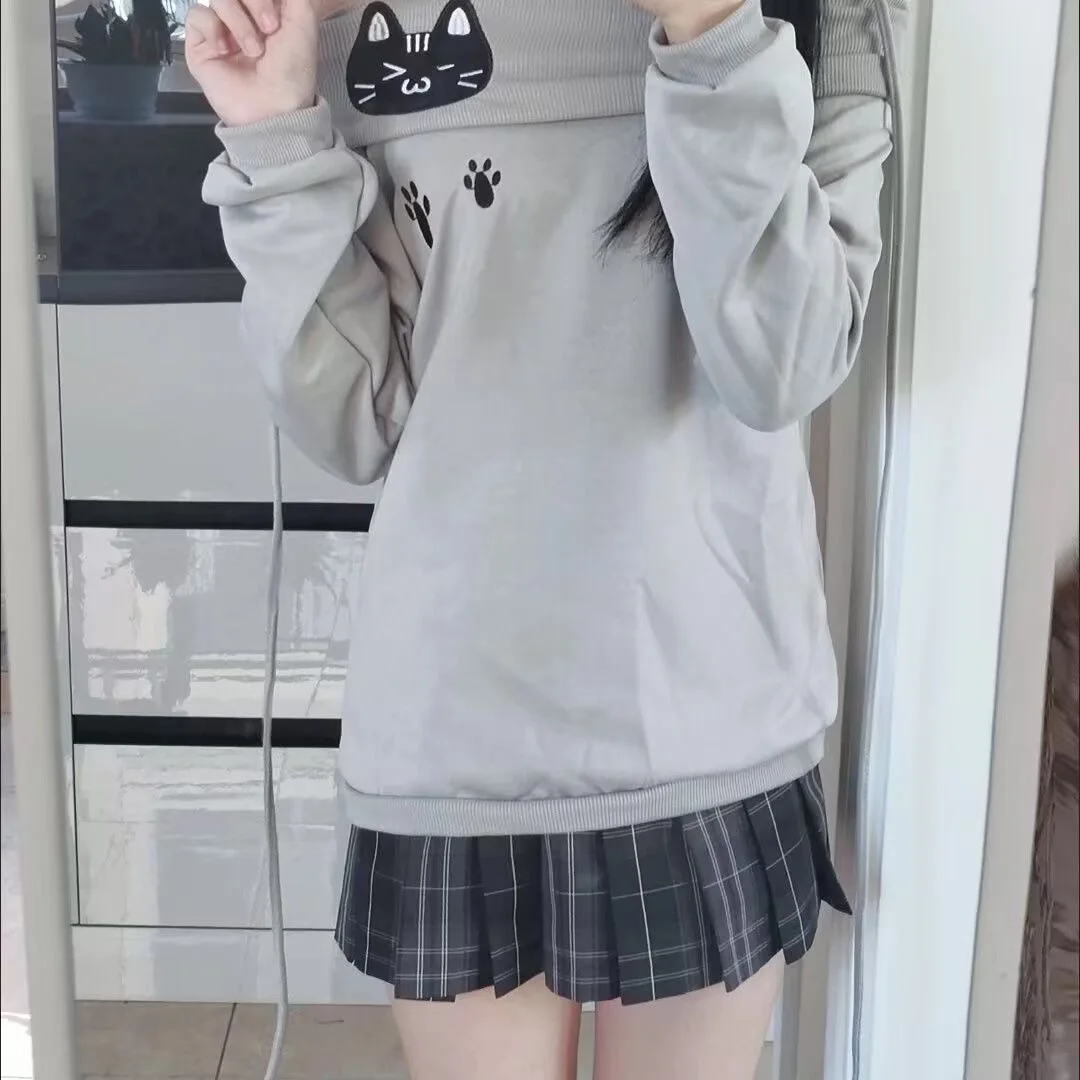 

Cute Embroidery Off The Shoulder T Shirt Women Kawaii Cat Long Sleeve Basic Blouse Tight Basic Crop Top Strapless Gray Tees