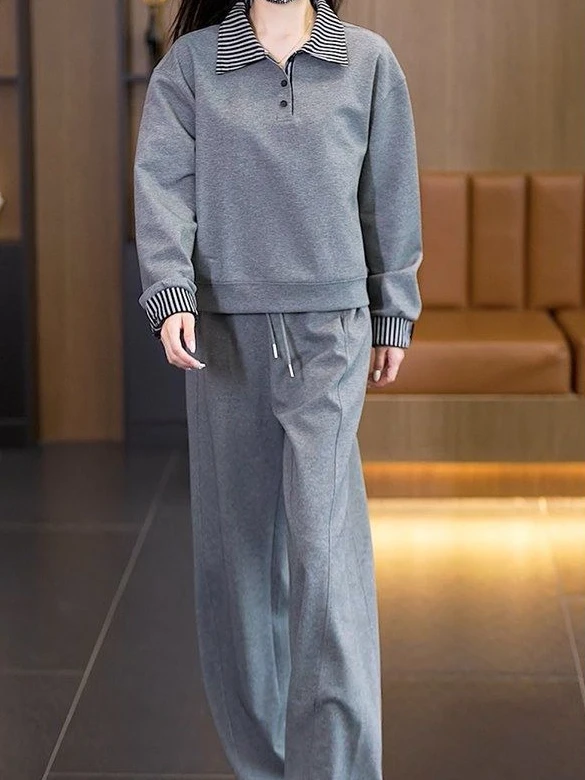 

Casual set women's 2025 autumn new lapel collar striped contrasting color pullover+drawstring wide leg pants two-piece set