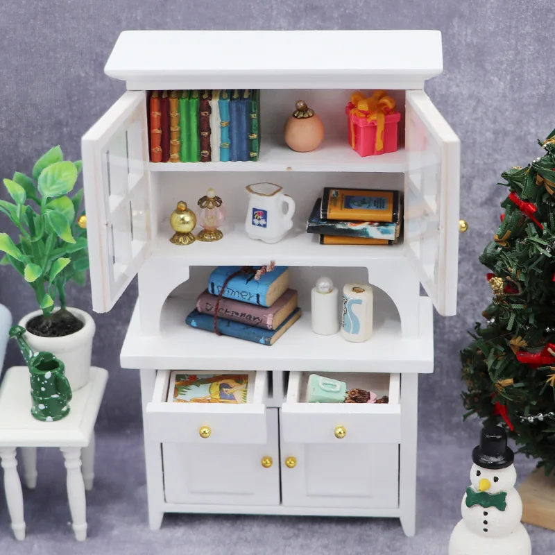 1:12 Mini doll house wooden mini furniture dollhouse study micro scene white bookcase vertical cabinet