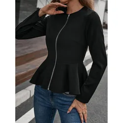 Women Long Sleeve Ruffle Hem Jacket round neck slim fit top with folded access control zipper cardigan short jacket