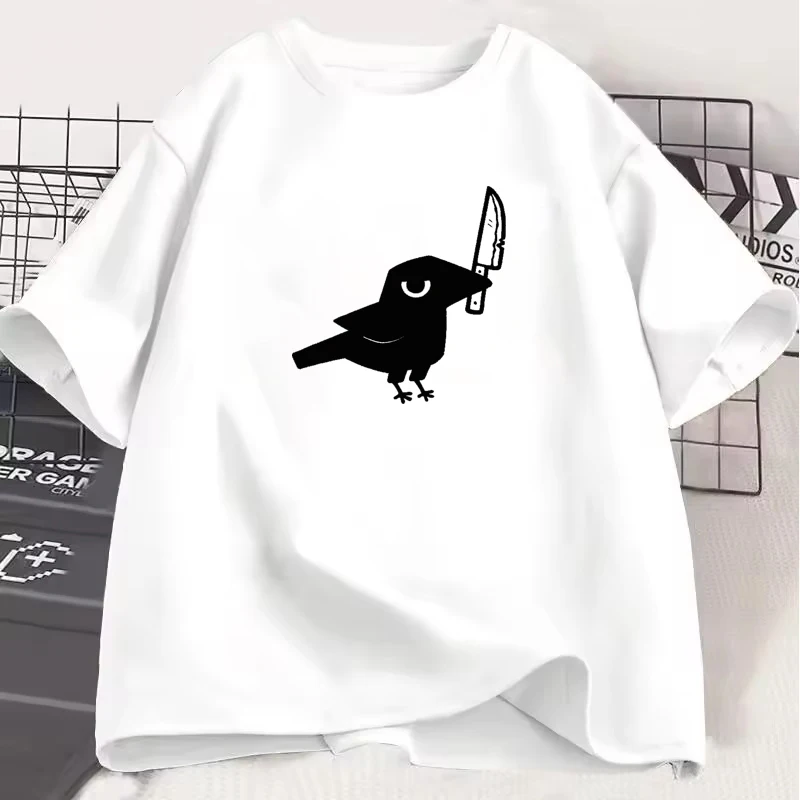 

Women's T-Shirt with Raven Pecking Knife Design Fashionable and Playful Harajuku Street Style Unisex Casual Oversized Couple Set
