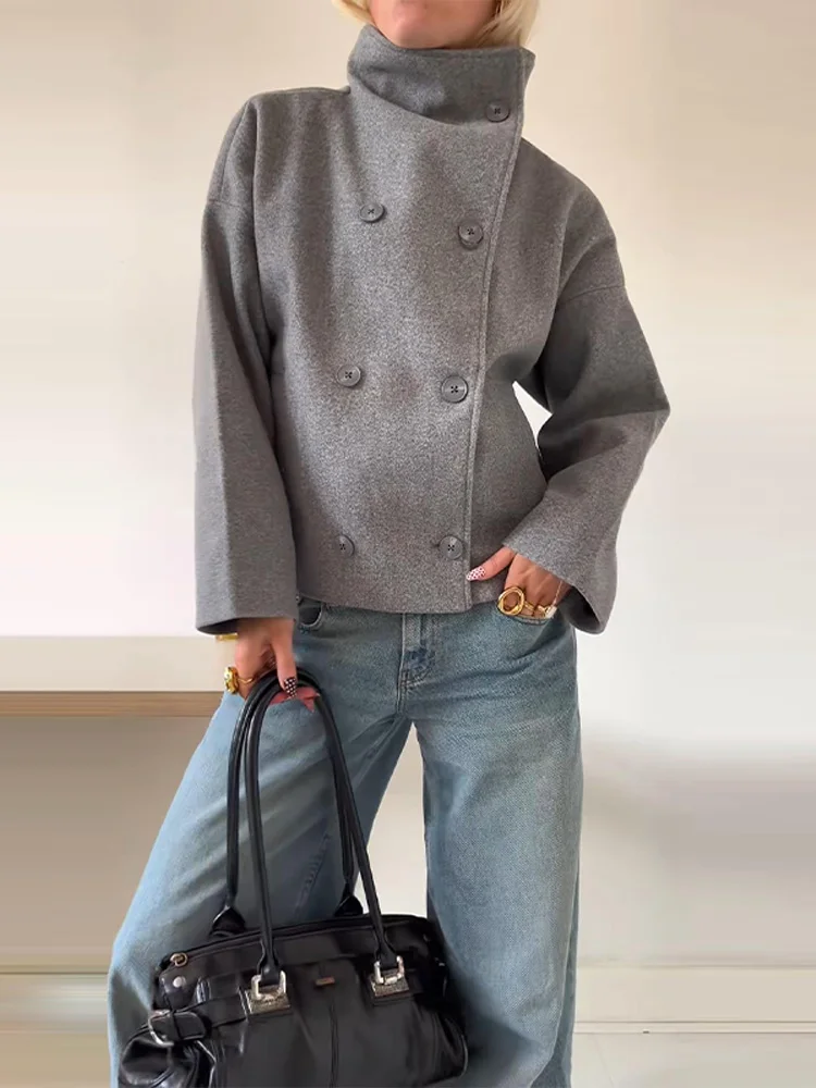 

Solid Turtleneck Double-Breasted Pocket Coats Women Casual Loose Full Sleeve Female Jacket 2025 Autumn Office Lady Jackets