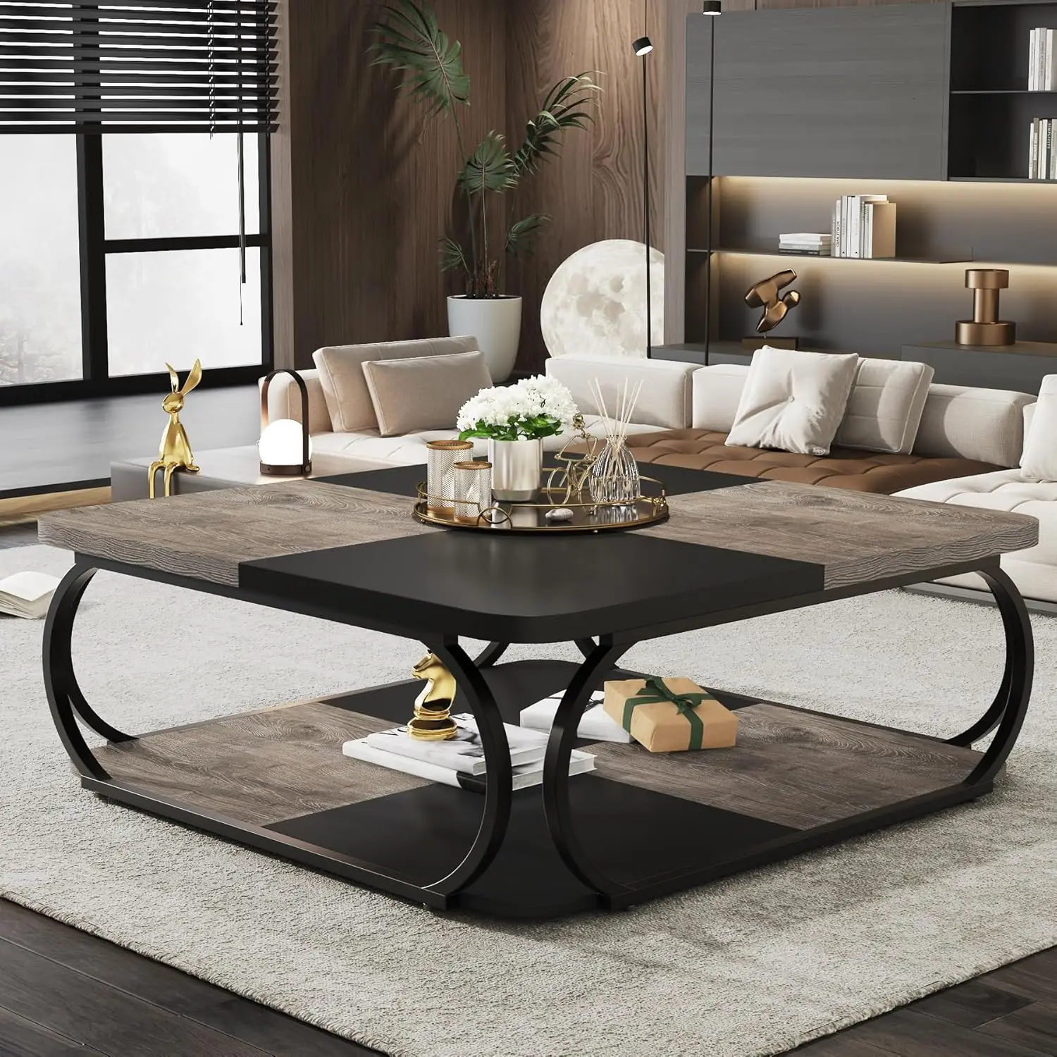 

"Large Square Wood Coffee Table with Open Shelf for Living Room, 39 Inch Farmhouse Style"
