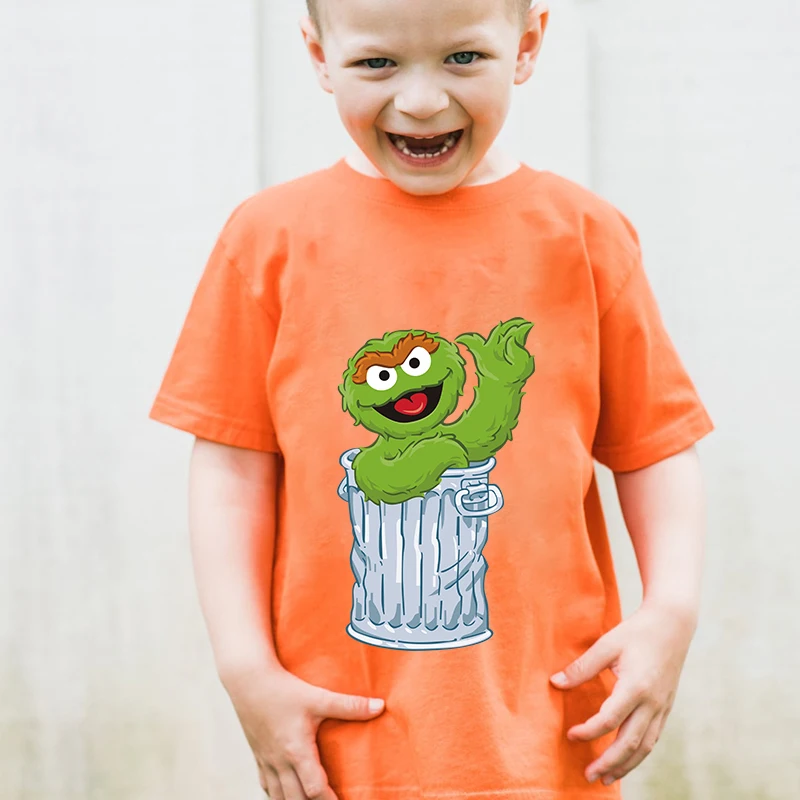 Sesame Street Printed Kids T-shirt Summer Children's Cotton Short Sleeve Orange Casual Top Suitable for Boys and Girls