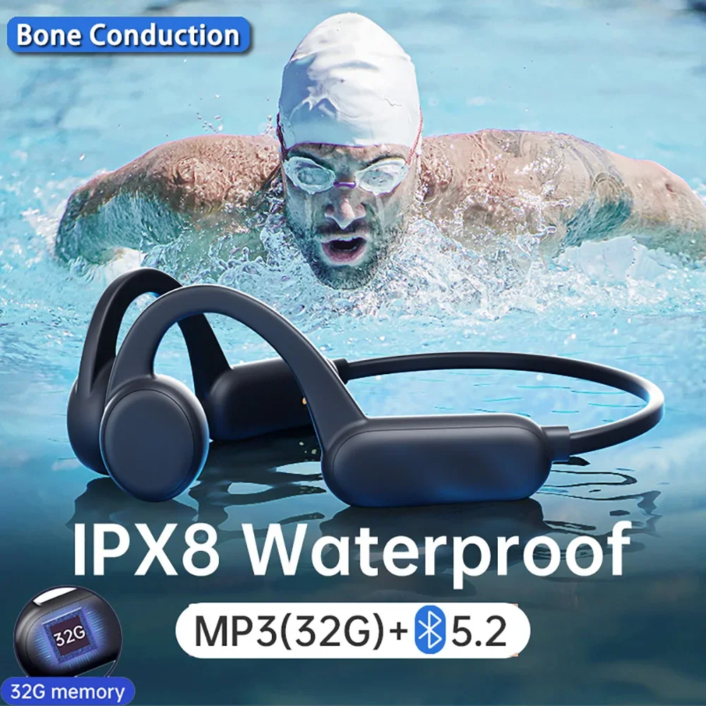 

Original Wireless Bone Conduction Bluetooth Headphones with 32G Memory IPX8 Waterproof Hifi Ear-hook Sport Headset for Swimming