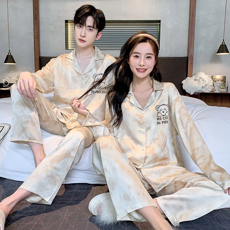 Couple Pajamas Suit Spring Long Sleeve Long Pant Home Cloth Men Ice Silk Thin Large Size Sleepwear Set Women Cardigan Sleepwear