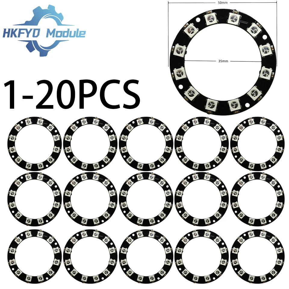 1-20PCS WS2812 12-Bit RGB LED Ring, 5050 Smart Full-Color Light Circle Module for Arduino DIY Lighting Effects