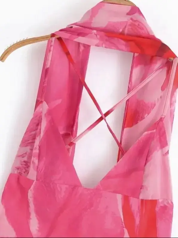 KONDALA Sexy Blumendruck Langes Kleid Damen V-Ausschnitt Rückenfrei Schal Cami Kleid Mode 2025, Urlaub Strand Party Kleid Elegantes Kleid