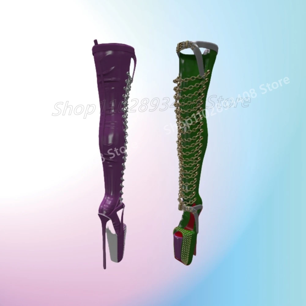 

Purple Hollow Metal Chain Decor Long Boots Peep Toe Crystals Stiletto High Heel Fashion Sexy 2025 Women Shoes Summer Para Mujere
