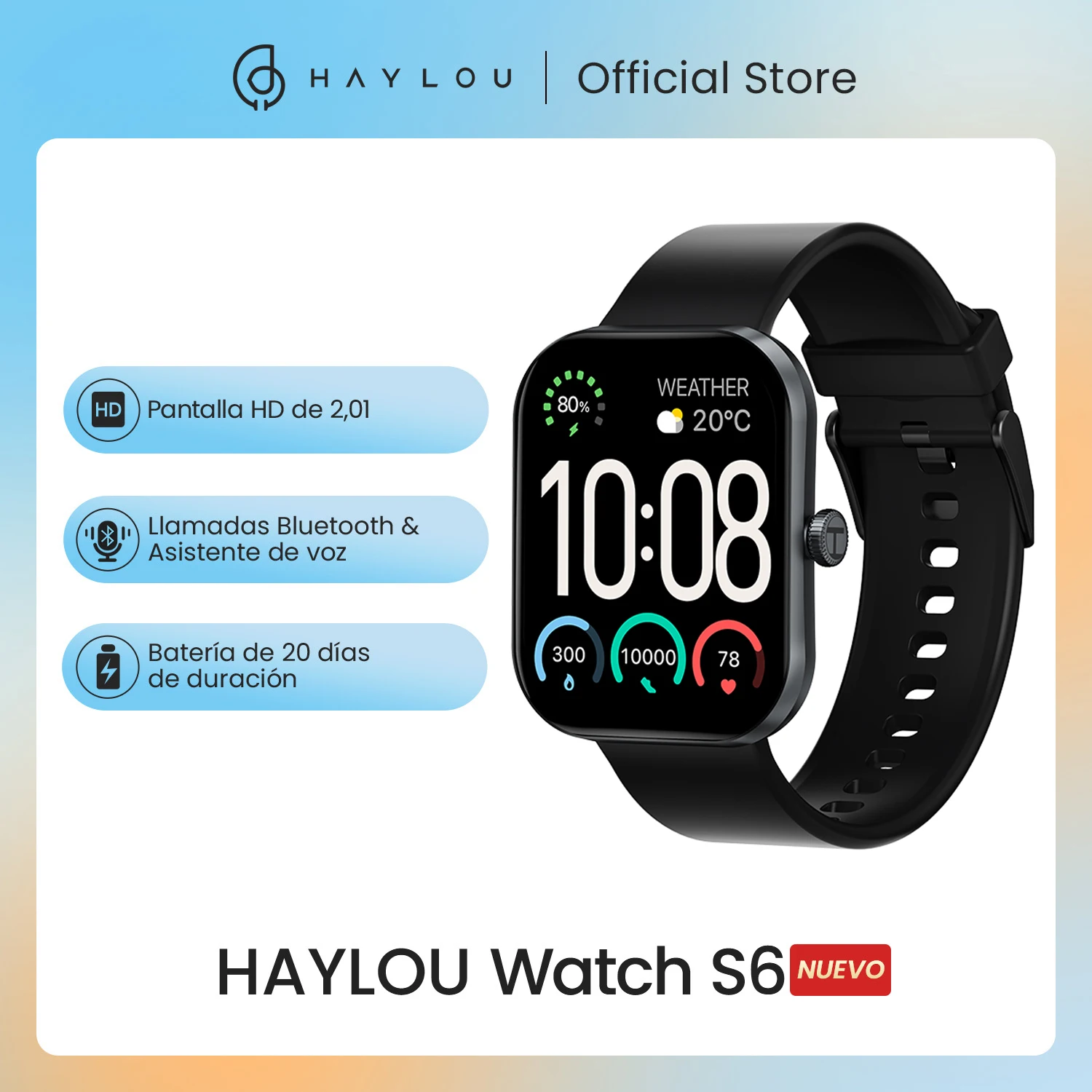 HAYLOU reloj inteligente S6, dispositivo resistente al agua IP68, con pantalla HD de 2,01 pulgadas, Bluetooth, llamadas por voz