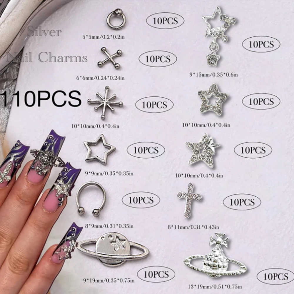 110 قطعة من سحر الأظافر على شكل نجمة، ديكور فني للأظافر من سبيكة فضية على شكل نجمة كوكب متقاطعة #2