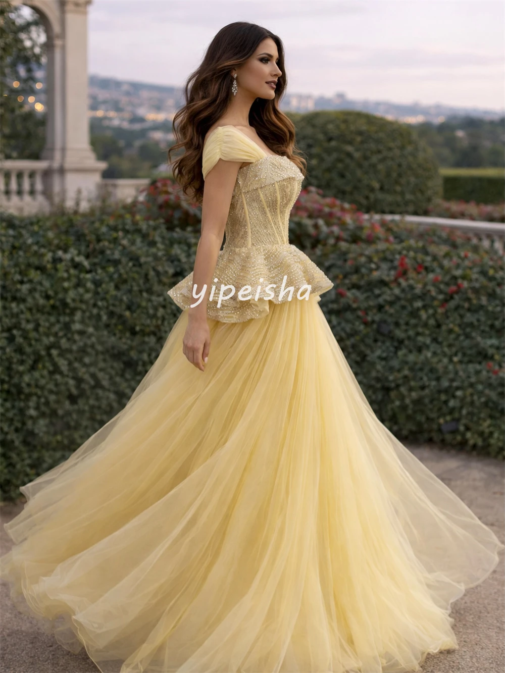 Customized Exquisite Women Tulle Beading Ruched A-Line Evening Dresses Formal Square Neck Short Sleeves Floor Lenght Party Gowns