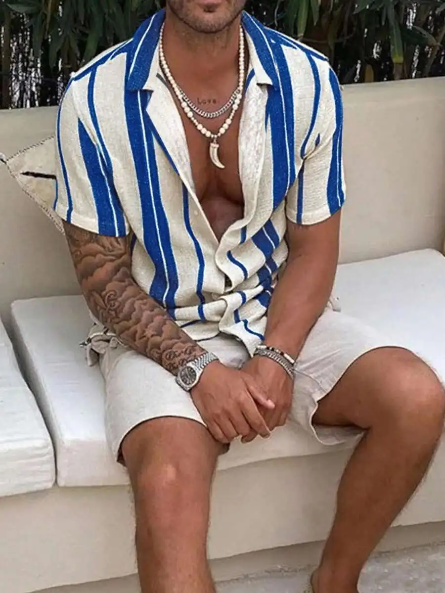 2025 Men's Spring/Summer Comfort Casual Holiday Style Contrast Color Stripe Versatile Short Sleeve Shirt