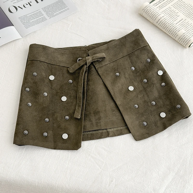 Koreaanse Mode Klinknagel Suede Mini Rokken Vrouwen Hoge Taille Lace-up Groene Rok 2026 Nieuwe Rok met Shorts Saias mujer