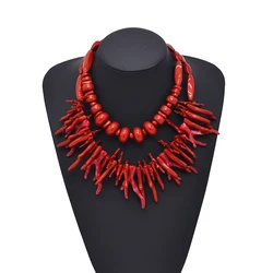 2Pcs Vintage Exaggerated Red Coral Necklace For Women Girls Fashion Boho Style Statement Retro Necklaces Fine Jewelry Gifts