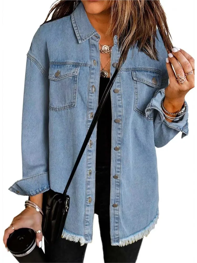 

Women's Denim Jacket Autumn Fashion Blue Long Sleeved Single Breasted Loose Jacket Women's Brushed Edge Hem Street Denim Coats