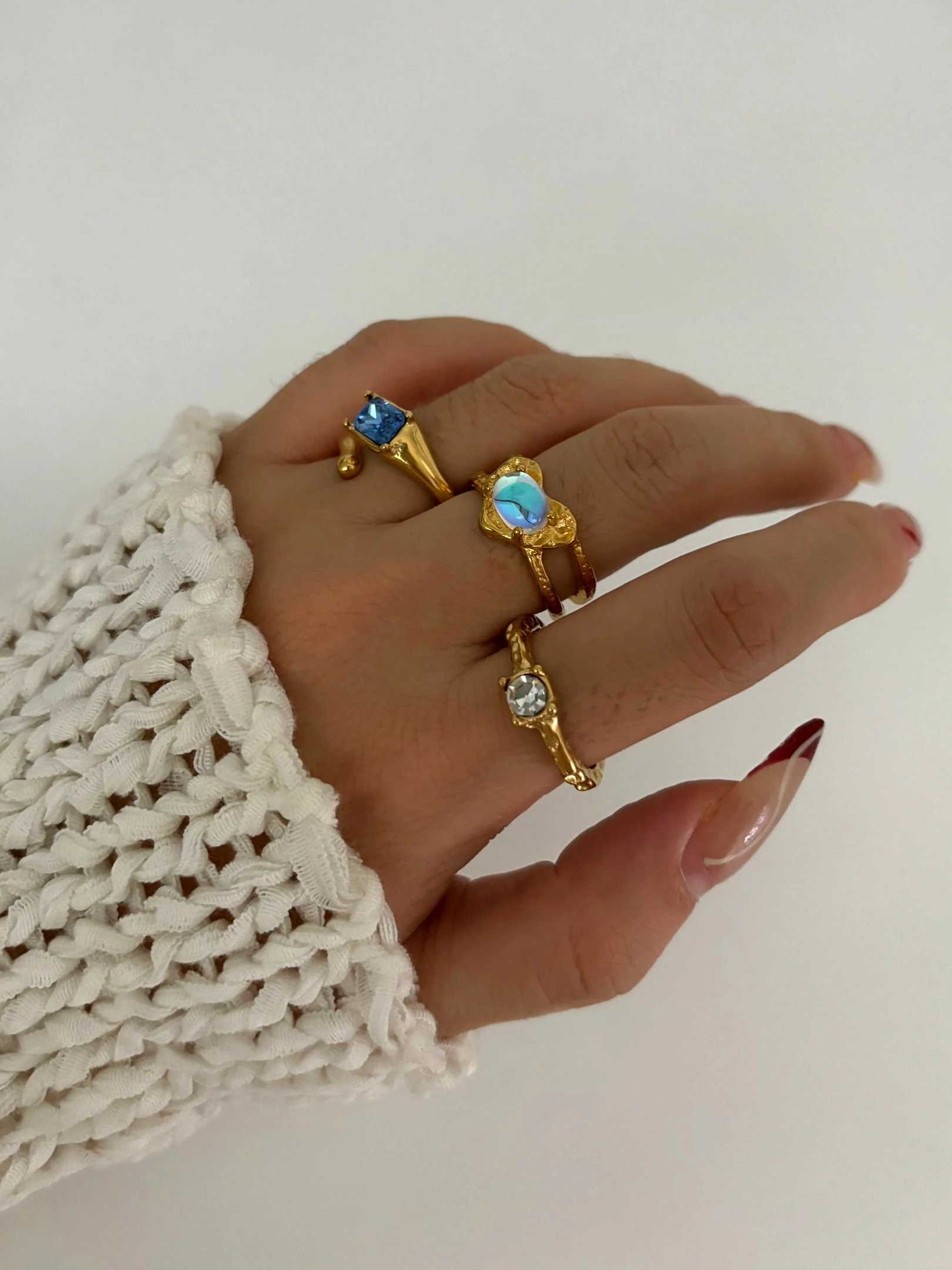 Peri\'sbox Vintage Elegant Gold Plated Geometric Moonstone Zircon Rhinestone Open Rings for Women Party Daily Jewelry Waterproof