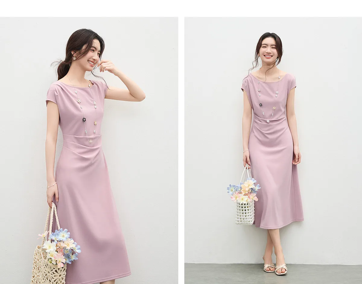 SENTUBILA Schwarzes Minimalistisches A-Linien-Kleid mit Kurzen Ärmeln für Damen 2026 Sommer Elegantes Boot-Ausschnitt Gerafftes Kleid mit Schmaler Taille 162LI5946 – Detail 31