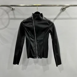 Matte Leather Jacket Coats Women Y2K High Neck Slant Zip Jacket Long Sleeve Coat Vintage PU Splicing Outwear Party Custom New