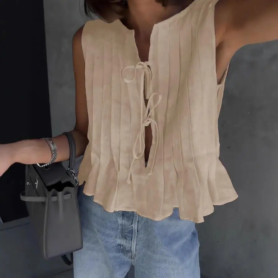 Mujer Algodón Lino Irt Cintura atada Primavera Verano Casual Cómodo Transpirable No Sve Color liso Diseño plisado
