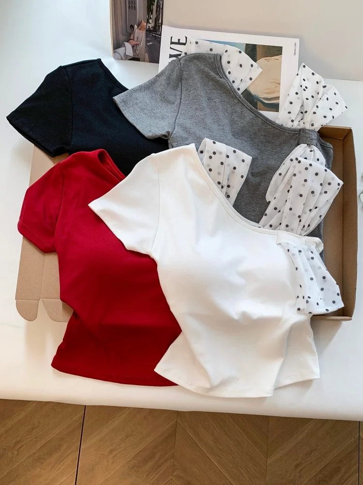 

Sweet And Spicy Short Sleeve T-Shirt Women's Style with Chest Pad Slant Shoulder Waist Cinching Slimming Short Length Top