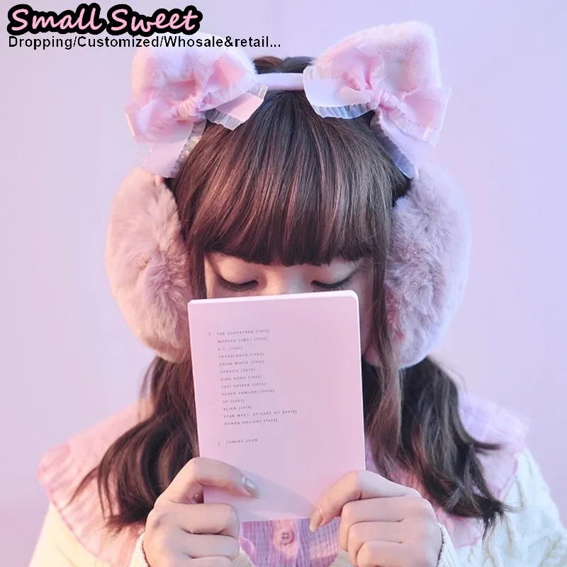 겨울 고딕 펑크 수제 귀여운 리본 다크 따뜻한 고양이 귀 리본 플러시 서브컬쳐 Y2K 소녀 보호 귀마개 액세서리