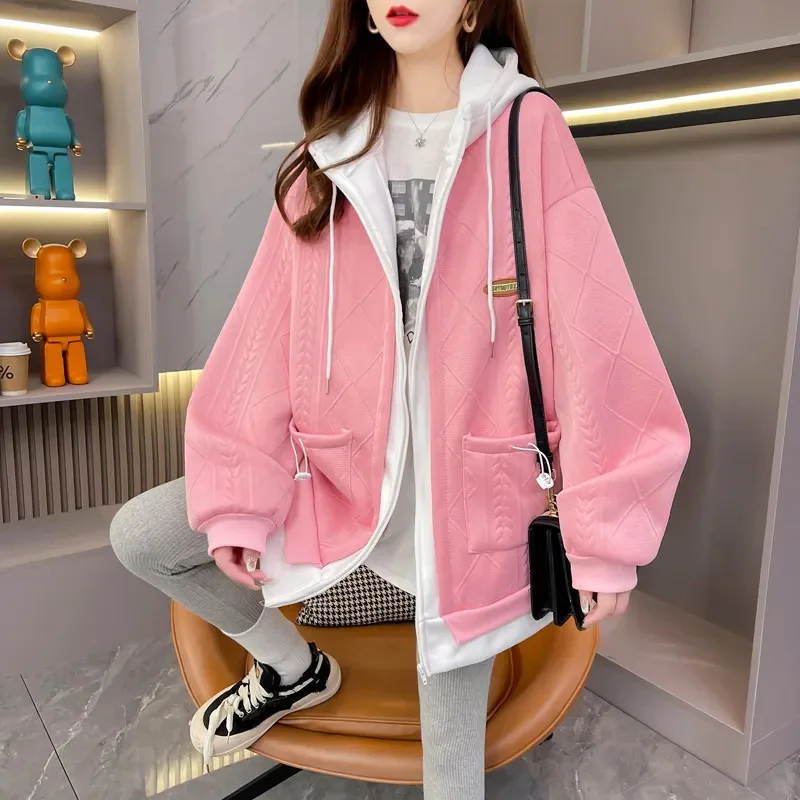 

Plus Size Women's Design Sense Hooded Sweater 2024 New Spring Autumn Loose Coat Jacket Outerwear Winter Plus Velvet Overcoat