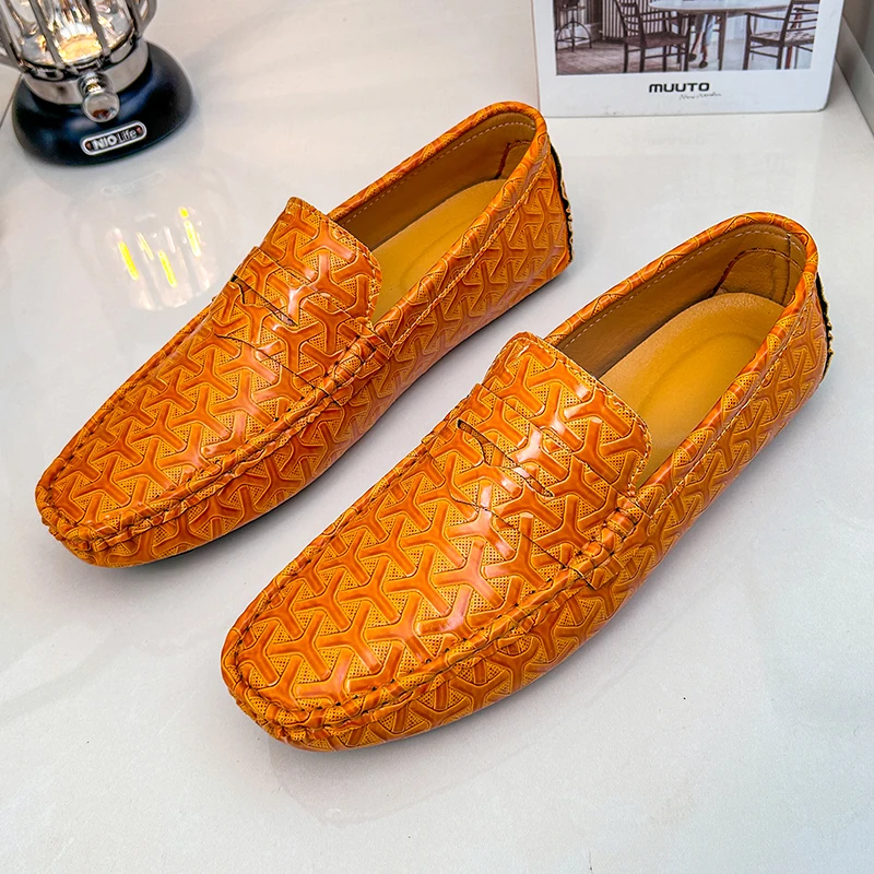 Trendy Yellow Mens Moccasin Shoes Luxury Brand Male Formal Wedding Dress Shoes Big Size 38-48 Youth Cool Evening Party Loafers