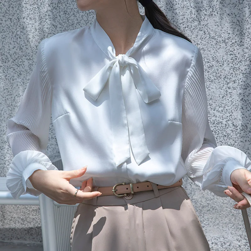

2025 Fashion Long Sleeve Bow Collar Women Shirt White Comfortable Elegant Shirt Blouse Women Tops Camisas De Mujer Blusas N660