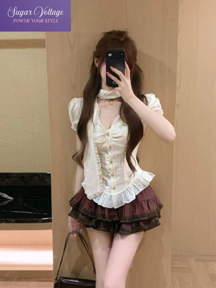 French Style Rich Girl 2 Piece Set Women Slim Waist Cinched Blouse + Ruffle Tiered Mini Skirt Casual Sweet Gentle Chic Outfits