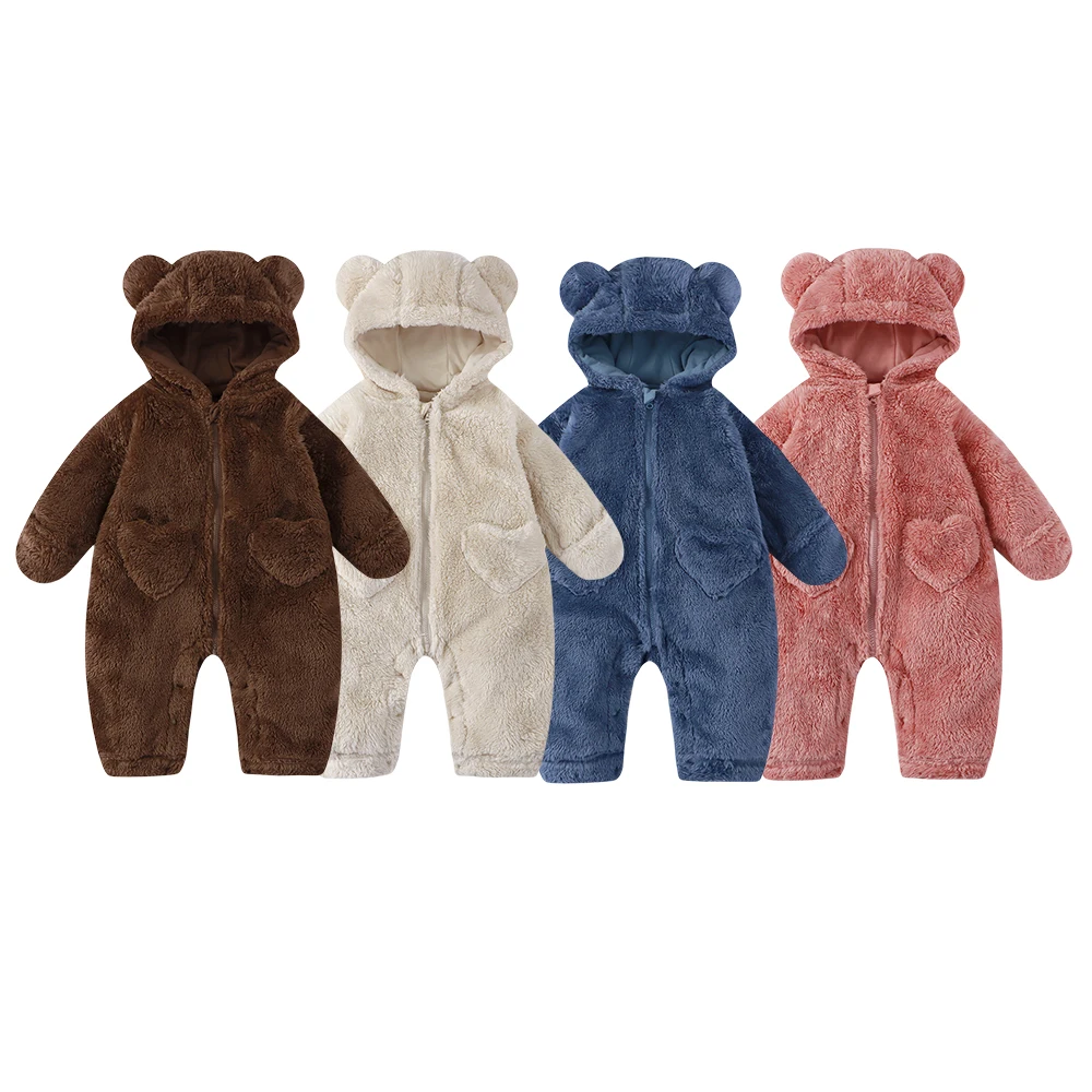 2025 Winter Newborn Baby Cartoon Bear Plush Onesie Hooded Ear Fluffy Romper Unisex 0-12M Thermal Infant Jumpsuit Warm Outfit