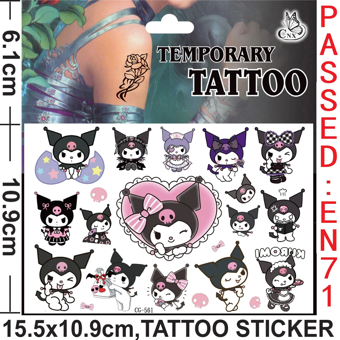 Pegatinas de tatuaje de Kuromi para niñas, calcomanías de dibujos animados de Sanrio kawaii, tatuaje temporal a prueba de agua, juguete de regalo de