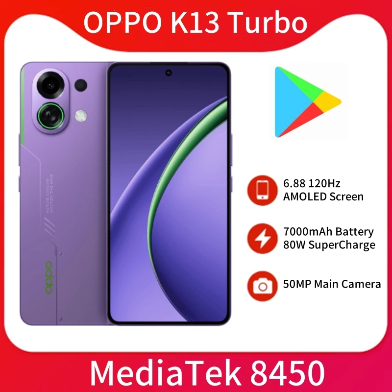 كاميرا OPPO K13 Turbo 5G مقاس 6.8 بوصة AMLED MTK Dimensity8450 50MP 80 وات SuperVOOC 7000Mah NFC OTA Google Play
