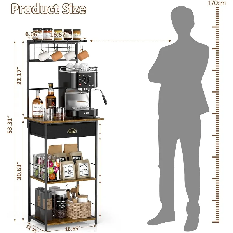 5 Tier Coffee Bar Station with Drawer, Coffee Stand with 4 S-Shaped Hooks, Farmhouse Corner Coffee Bar Cabinet for Small Spaces,