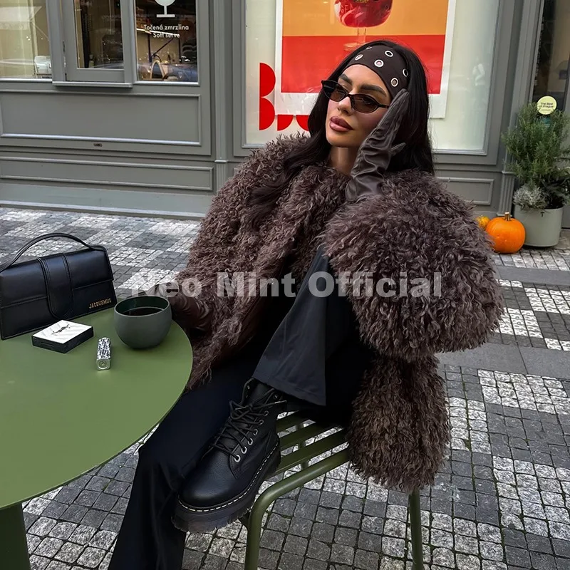 Neo Mint Winter 2026 Hot Chocolate Fluffy Chunky Sheep Fur Coat Women Oversized Overcoat Outerwear Ins Street Fashion Fur Jacket