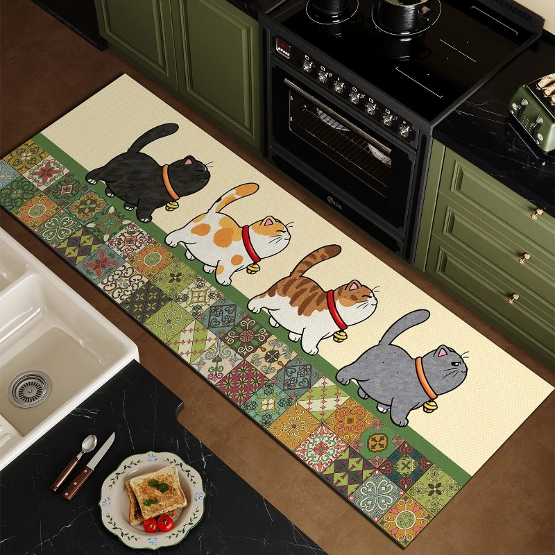 Kitchen Floor Mat PVC Non-slip Waterproof Oil-proof Leather Carpet Plaid Cat Pattern Rug Long Size Home Decoration Rugs alfombra