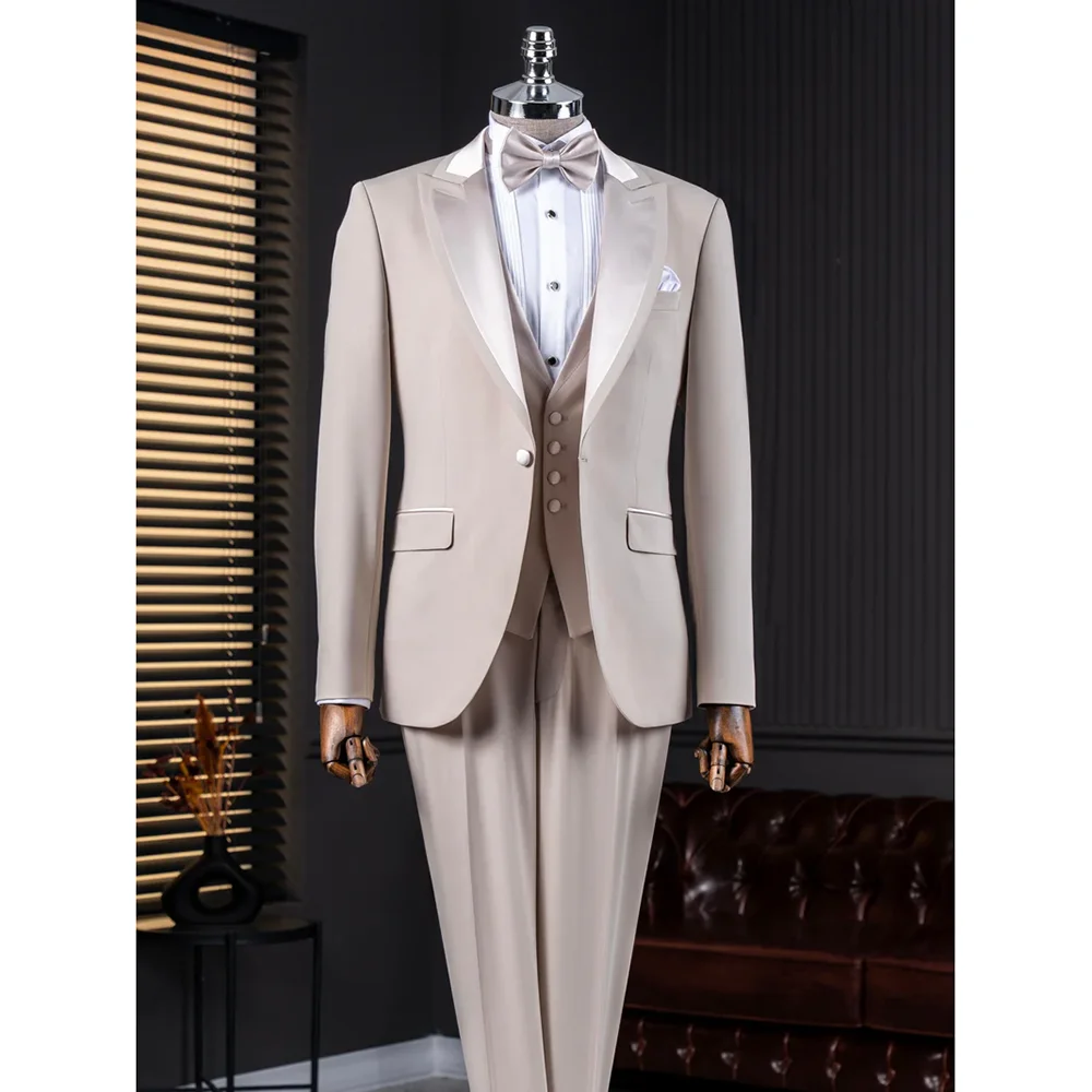 

Gentle Beige Single Button Men 3 pcs (Jacket+Vest+Pants) Handsome Slim Men Wedding Party Suits Formal Occasions Sets