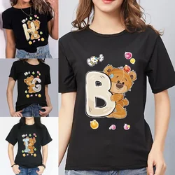 T-shirt frauen Cartoon-Muster Kurzarm Sommer Schwarz Oansatz Bär Brief Drucken frauen T-shirt Casual Top T