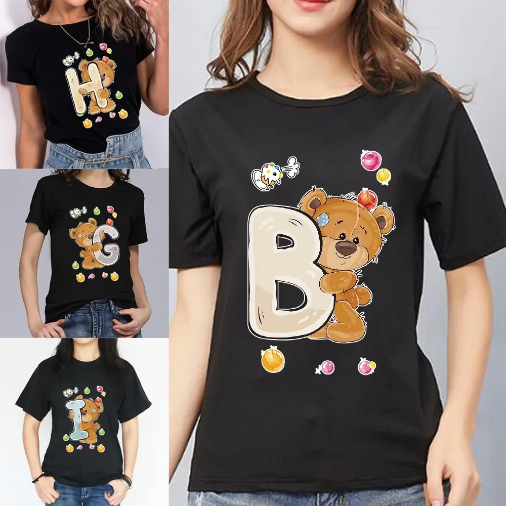 T-shirt Women's Cartoon Pattern Short Sleeve Summer Black O-neck Bear Letter Print Women's T-shirt Casual Top Tee