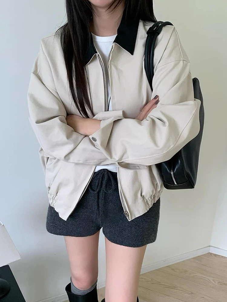 Chaqueta Corta de Cuero PU para Mujer, Estilo Casual, Hoada, con Cuello en Contraste de Color, Manga Larga, para Otoño, Est...