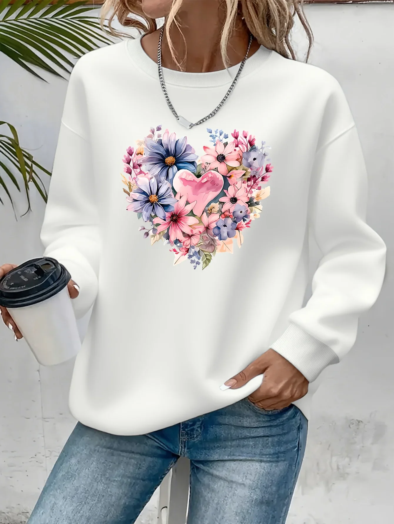 Maglione girocollo senza cappuccio al 100% con stampa floreale a forma di cuore ad acquerello, maglione casual a maniche lunghe stile retrò da donna