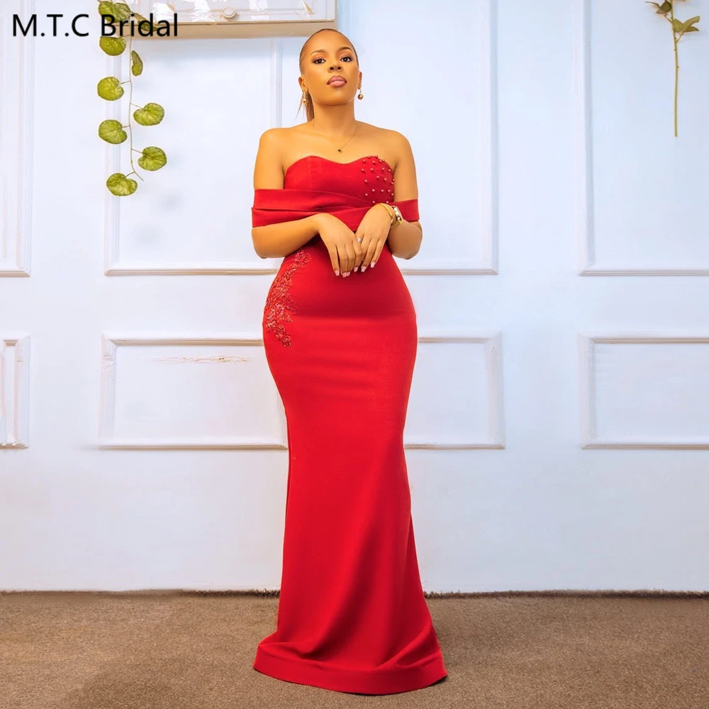 

Custom Made Red Mermaid Long Bridesmaid Dresses For Black Girls Chic Beads Off The Shoulder Corset Back Sexy Wedding Guest Gowns