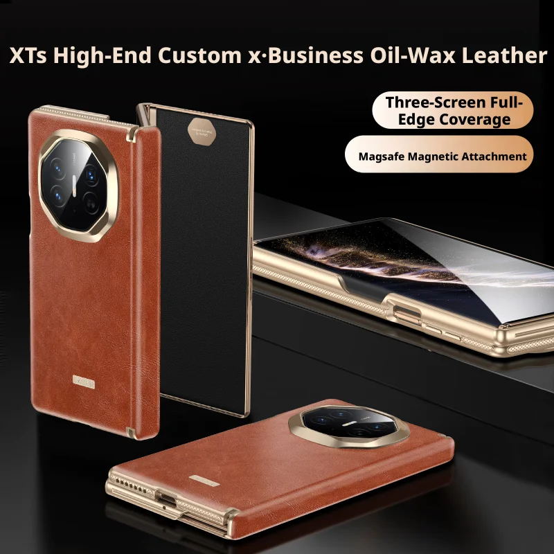 

Luxurious Oil Wax Magnetic Case For Huawei Mate XT XTs Ultimate Genuine Leather Axis Dual Hinge All-inclusive Protective Cover