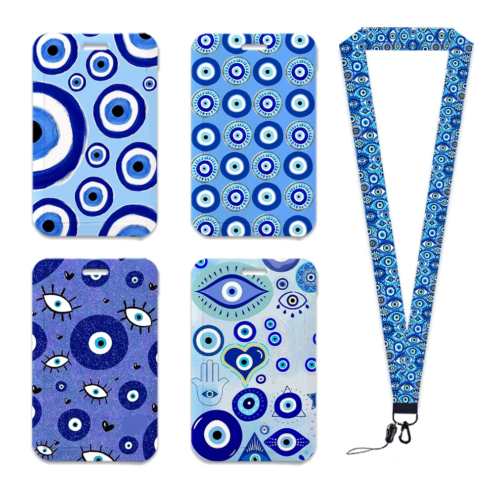 Blue Evil Eye Card Holder Work Card Holder Work Permit Name Badge with Keychains Student Id Card Lanyard Holder Accessories