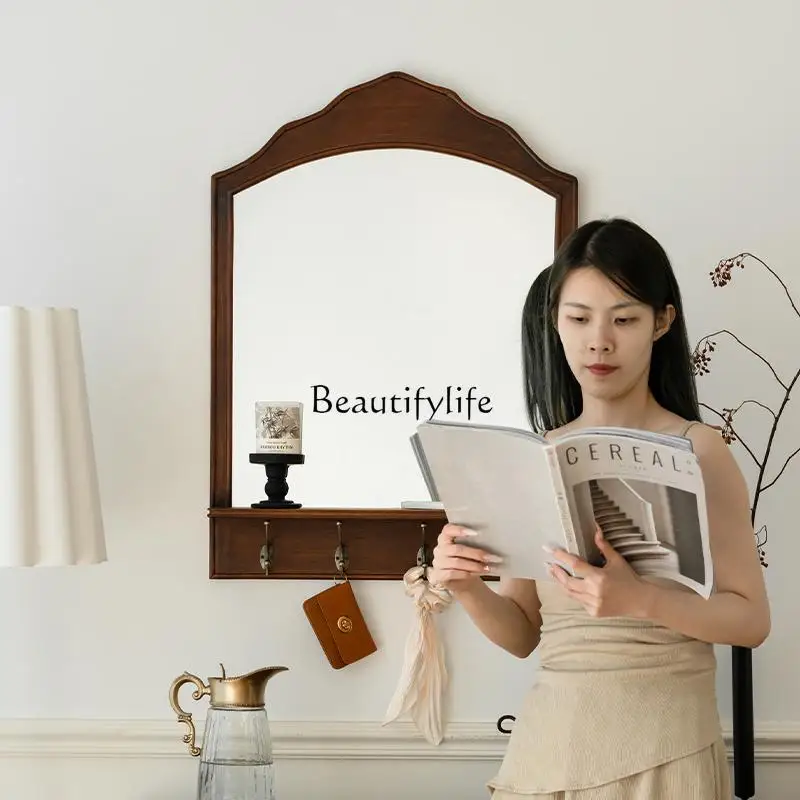 Medieval style solid wood wall hanging decorative mirror bathroom mirror replaceable cosmetic mirror