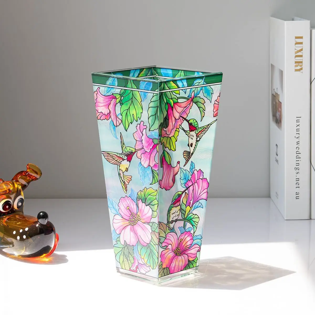 Colored glass vase, large caliber square foreign trade art ornament