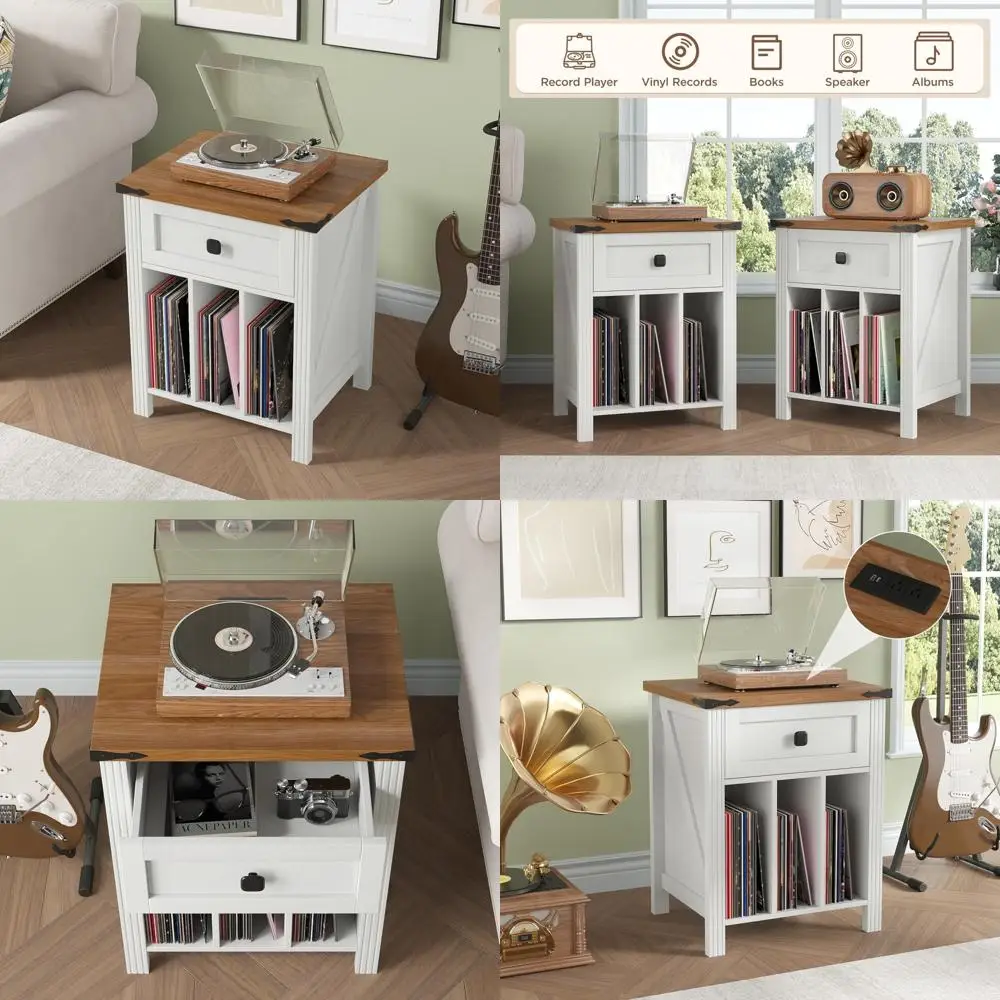 

Vinyl Record Storage Stand with Turntable and Charging Station, Wooden Cabinet Display Holder for Record Albums