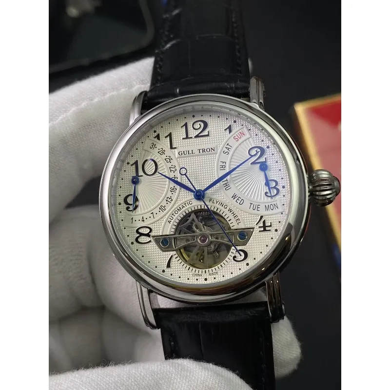 Retro Business Casual Men's Watch Automatic Mechanical Multifunctional Flywheel Travel Outdoor Fly Back Stainless Steel Sapphire