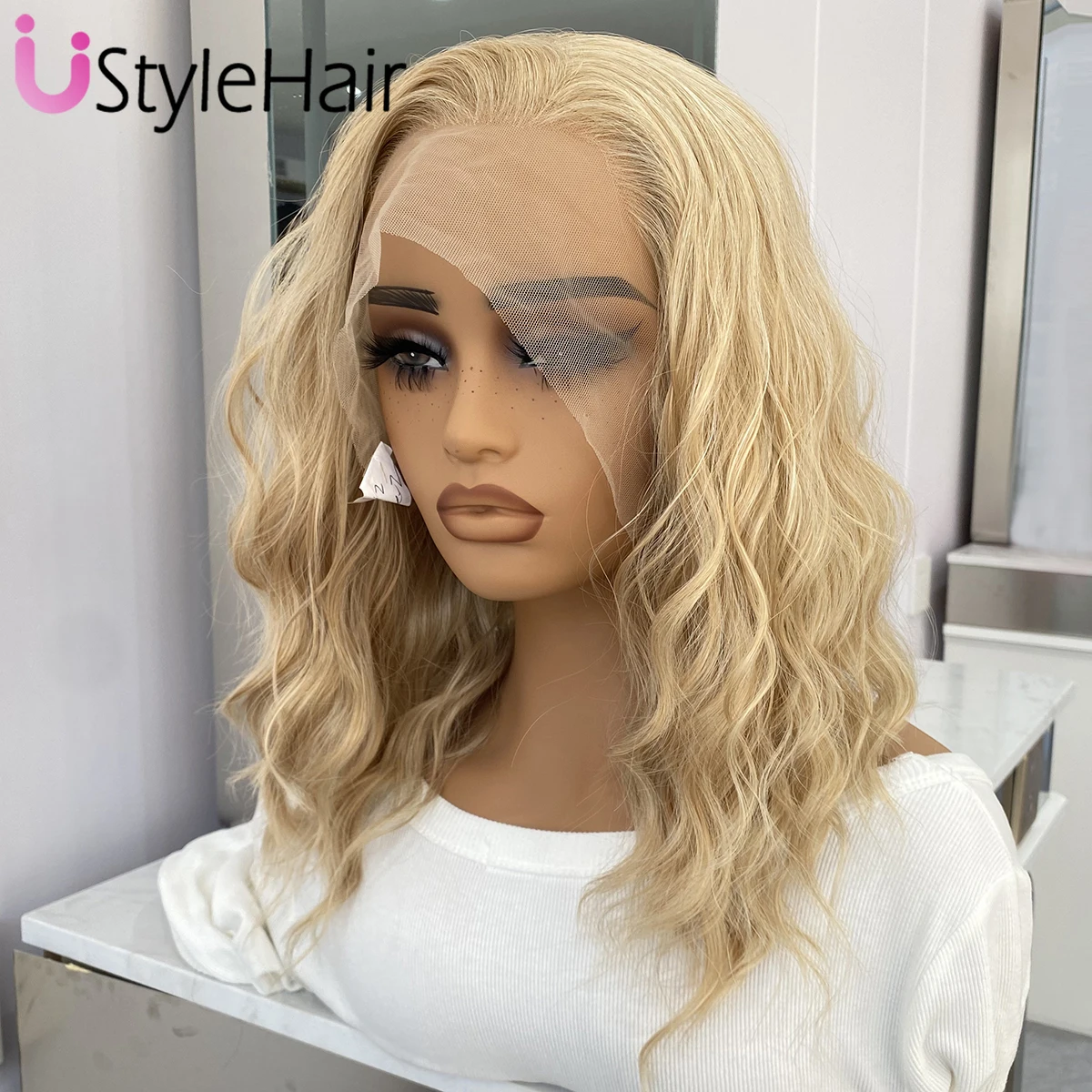 UStyleHair Mix Blonde Short Wave Lace Wig Heat Resistant Synthetic Lace Front Natural Hairline Daily Wear Cosplay Wigs for Women