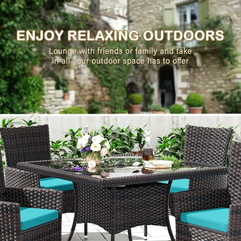 Turquoise Blue 5-Piece Outdoor Patio Dining Set with Rattan Table and Chairs, Umbrella Hole Included